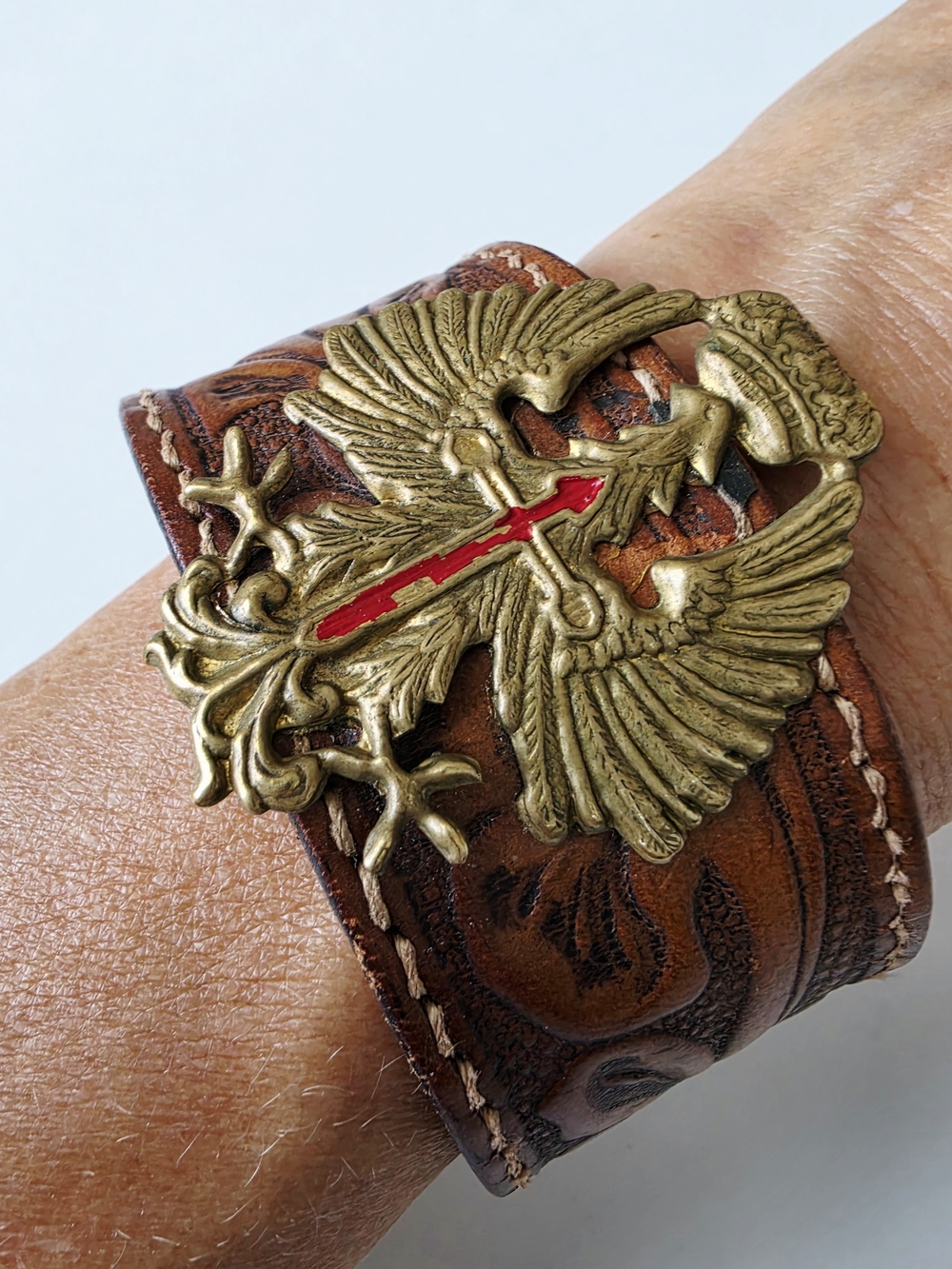 Unique Leather Cuff Bracelet w/ Vintage Brass Crowned Eagle Accent - snap close